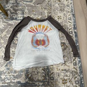 Lucky Brand Journey White Raglan Graphic Tee with Grayish Brown Sleeves